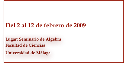     

Del 2 al 12 de febrero de 2009

Lugar: Seminario de Álgebra
Facultad de Ciencias
Universidad de Málaga           