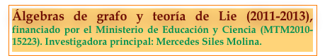 Álgebras de grafo y teoría de Lie (2011-2013), financiado por el Ministerio de Educación y Ciencia (MTM2010- 15223). Investigadora principal: Mercedes Siles Molina.