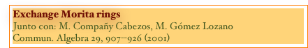 Exchange Morita rings
Junto con: M. Compañy Cabezos, M. Gómez Lozano
Commun. Algebra 29, 907--926 (2001)