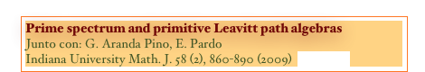 Prime spectrum and primitive Leavitt path algebras
Junto con: G. Aranda Pino, E. Pardo
Indiana University Math. J. 58 (2), 860-890 (2009)  [PAPER]